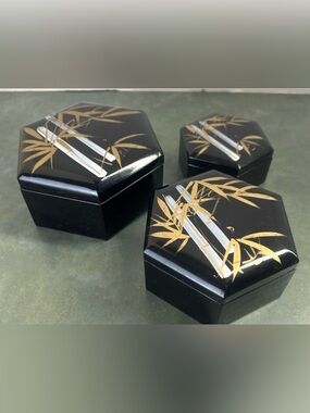 Vintage 1980s Taiwan Trinket Boxes Set 3 Black Bamboo Hexagon Lacquer Nesting